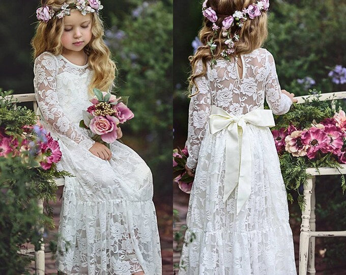 knee length dresses for ladies Boho Ivory Short Sleeves Flower Girl Dresses On Sale -Bridelily