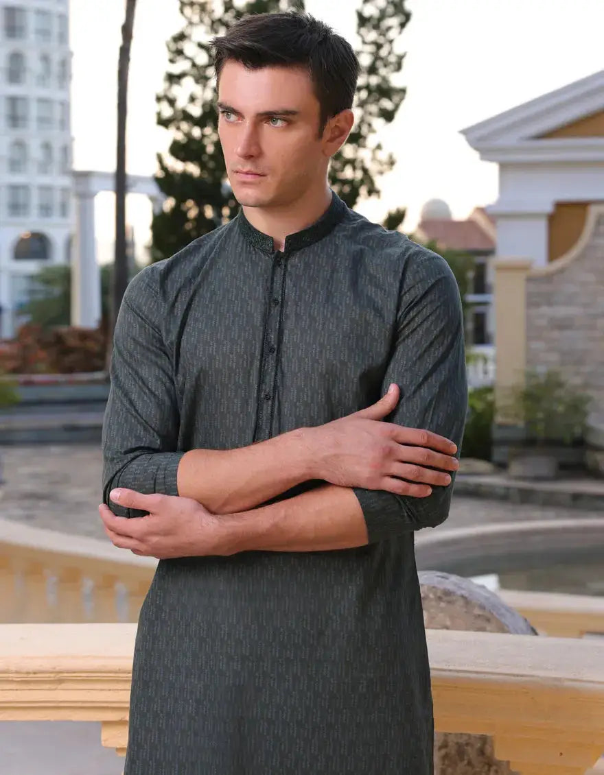 Junaid Jamshed Dark Green Cotton Kurta - J. Clothing