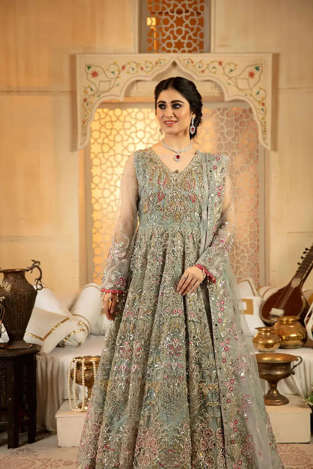 AROOSH PAKISTANI FANCY DRESSES RR 23 32 S SEA GREEN NET