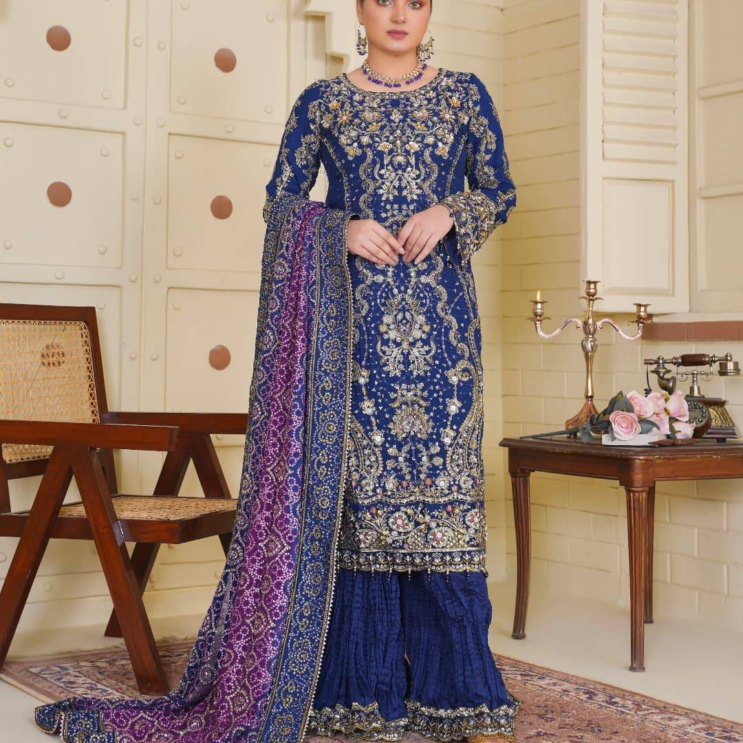 Navy Blue Chiffon Sharara Outfit With Floral Embroidery | Rs-3409