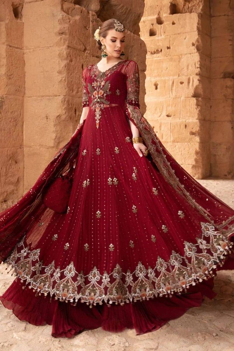 maroon maxi dress pakistani Maroon and Red Lehenga Maxi Dress Pakistani Bridal Wear