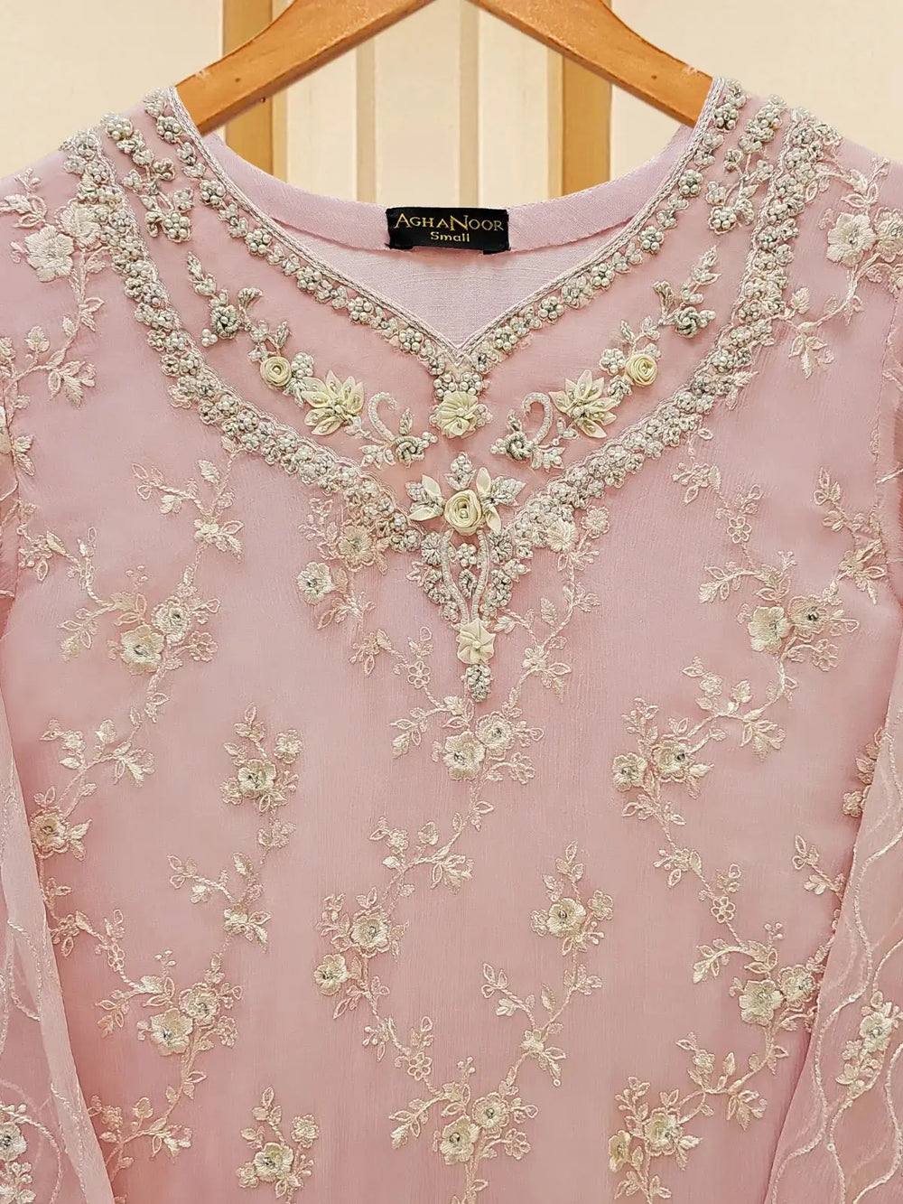 Close-up of intricate embroidery on Agha Noor chiffon suit