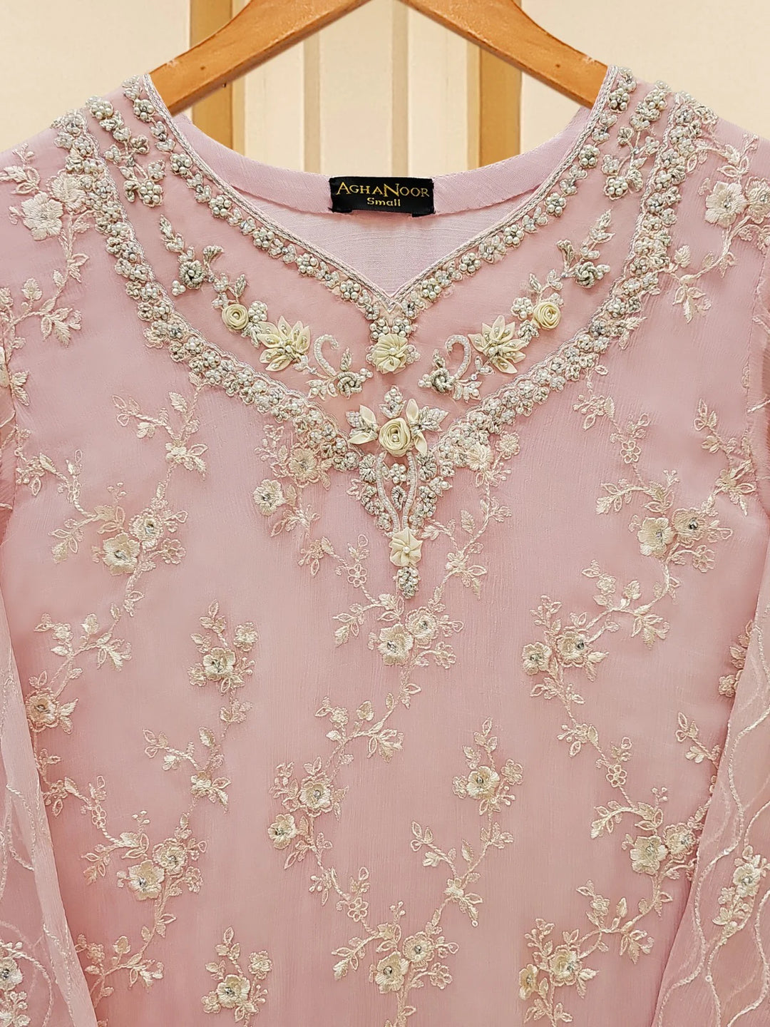 Close-up of intricate embroidery on Agha Noor chiffon suit