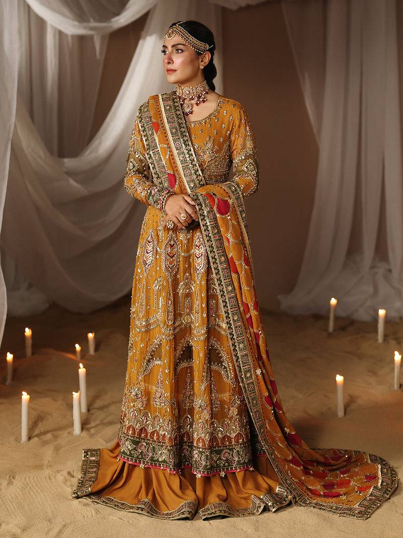 Beautiful Pakistani wedding outfit in yellow with embellished dupatta