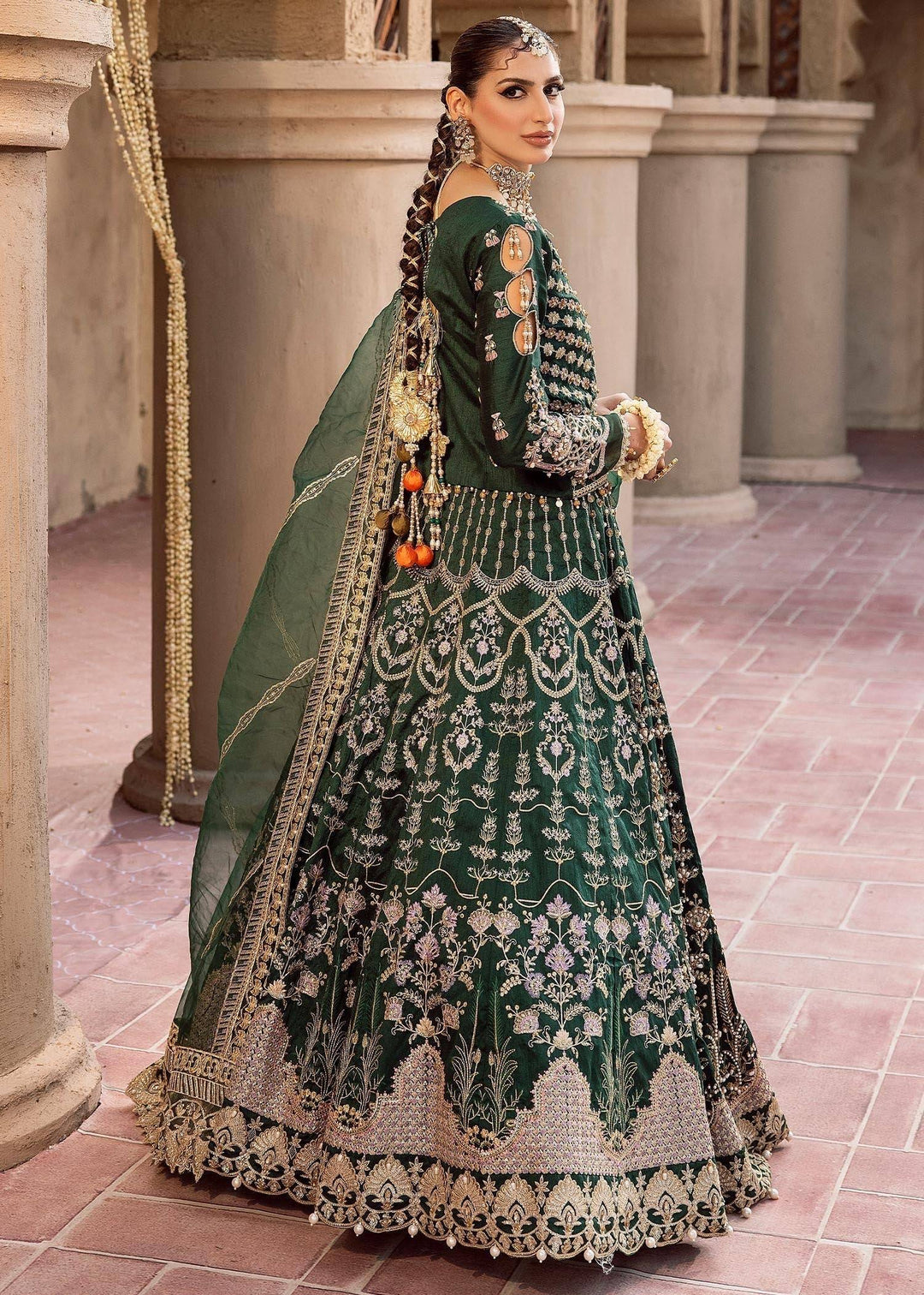 emerald green bridal dresses pakistani Emerald Green Bridal Lehenga with Peach Net Dupatta - Pakistani Wedding Dress