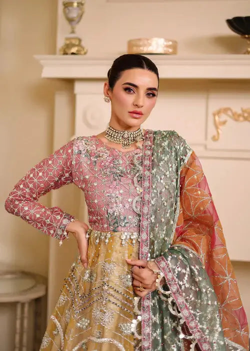 Close-up of Organza Maxi Dress bodice with intricate floral sequin embroidery and multi-color dupatta, perfect for formal wedding events.