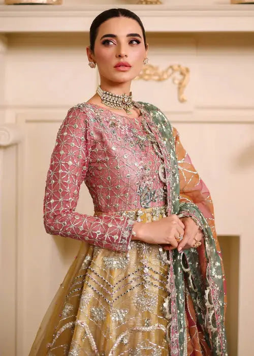 Side view of Organza 3 Piece Maxi Dress showcasing detailed embroidery and elegant silhouette for Pakistani wedding guest attire.