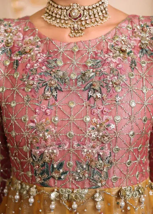 Detailed embroidery on the bodice of the Organza Maxi Dress with floral sequin work and bead embellishments for formal wedding wear.