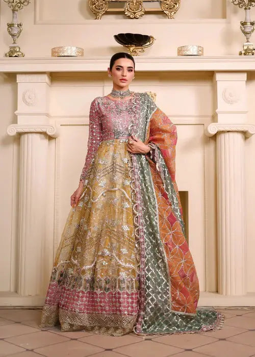 Organza Maxi Dress - 3 Piece Set featuring sequin embroidery in pink, gold, and green tones, ideal for Pakistani wedding guest wear.