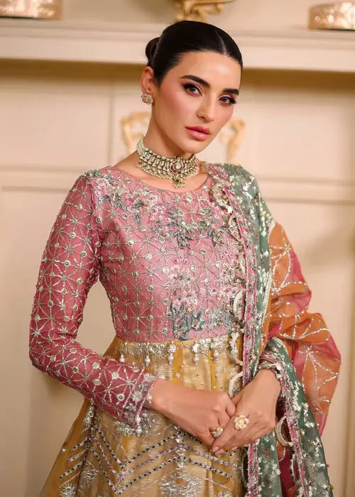 Model wearing Organza Maxi Dress with pink embroidered top and multicolor dupatta, styled for Pakistani wedding guest fashion.