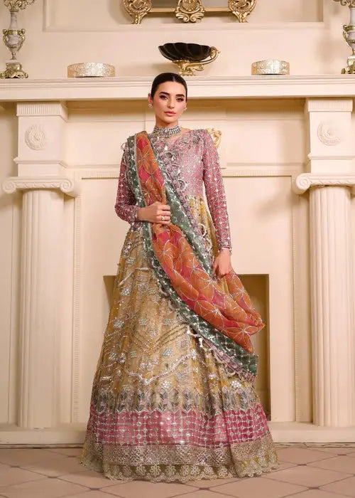 Full-length view of Organza 3 Piece Maxi Dress with sequin detailing and vibrant dupatta, perfect for formal South Asian events.