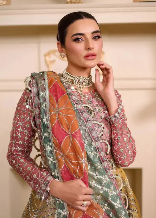 Elegant styling of Organza Maxi Dress with colorful embroidered dupatta and choker necklace, ideal for wedding guest outfits.