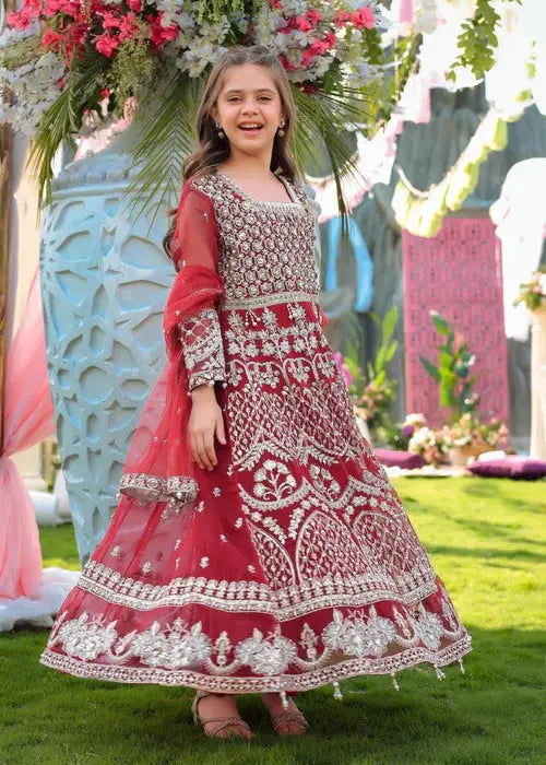 Aroosh Kids Wedding Dress AR-148 in red organza with silver sequin embroidery, featuring a full-length Pishwas, dupatta, and pants for formal events.