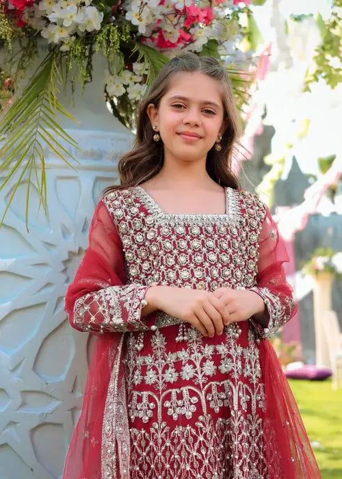 Close-up of Aroosh Kids Wedding Dress AR-148 highlighting the square neckline and detailed silver embroidery on red organza fabric for weddings.