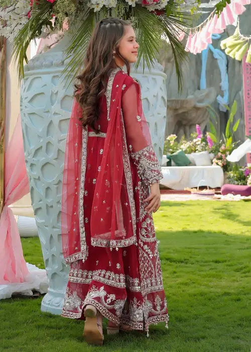 Back view of Aroosh Kids Wedding Dress AR-148 showing intricate embroidery on red organza Pishwas with matching dupatta, ideal for festive occasions.