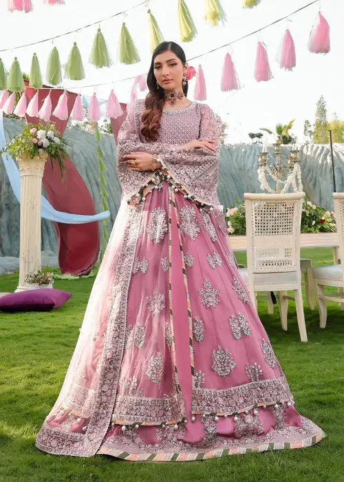 PAKISTANI MAXI DRESS AR-4059 layered wedding outfit in dusty pink with sequin embroidery, net dupatta, and silk trousers, perfect for formal events.