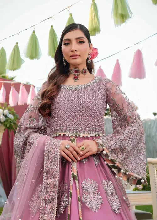 Front view of PAKISTANI MAXI DRESS AR-4059 featuring embellished net sleeves and pearl detailing, ideal for bridal or festive occasions.