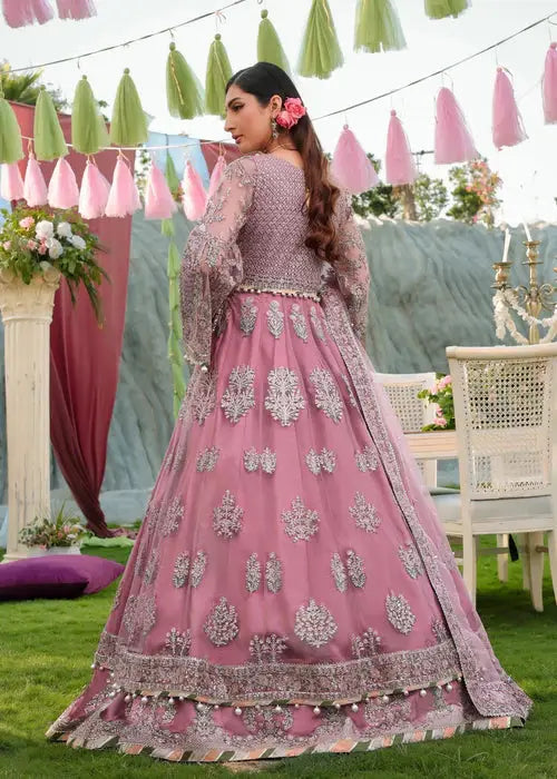 Back view of PAKISTANI MAXI DRESS AR-4059 with floral sequin motifs and layered design, part of a 3-piece formal outfit.