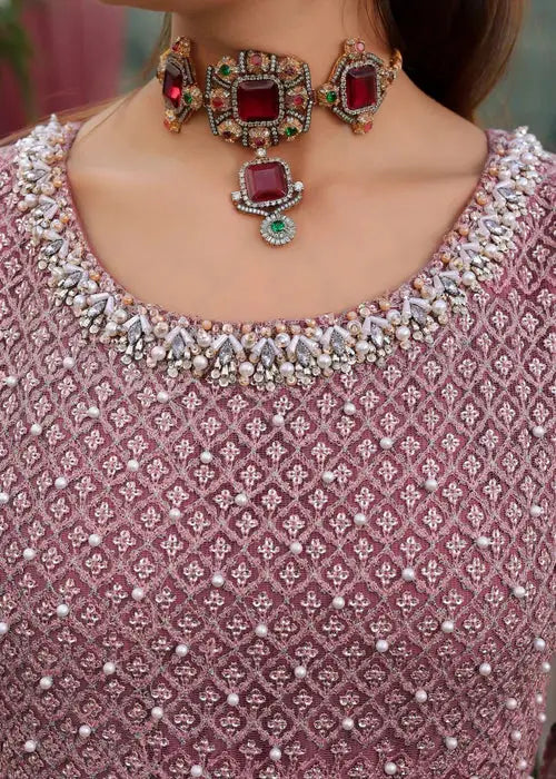 Detailed neckline of PAKISTANI MAXI DRESS AR-4059 with pearl and sequin embellishments, paired with a bold choker necklace.