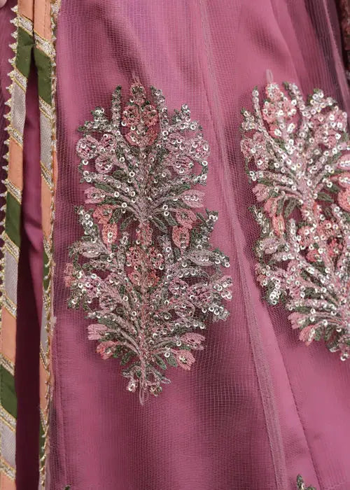 Close-up of floral sequin embroidery on the maxi skirt of PAKISTANI MAXI DRESS AR-4059, highlighting craftsmanship for bridal wear.