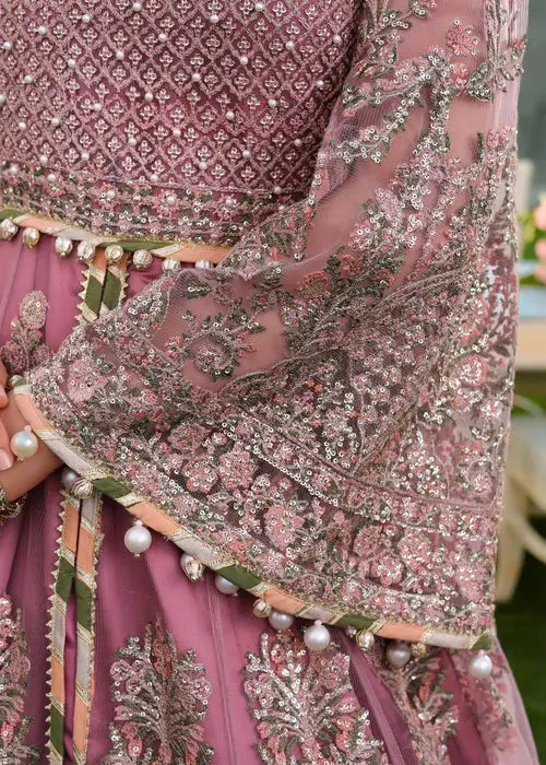 Sleeve embroidery detail of PAKISTANI MAXI DRESS AR-4059 with silver sequins and pearl tassels, enhancing its wedding appeal.