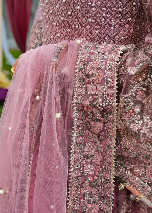 Net dupatta and waist embroidery detail of PAKISTANI MAXI DRESS AR-4059 with intricate silver threadwork and pearl accents.