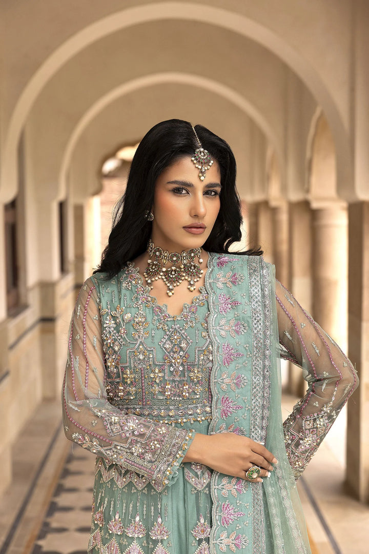 Close-up of AR-114-1300 Maxi - Pakistani Women Luxury | Handwork, Embroidery highlighting neckline adda work, sequin embellishments, and sheer sleeves.