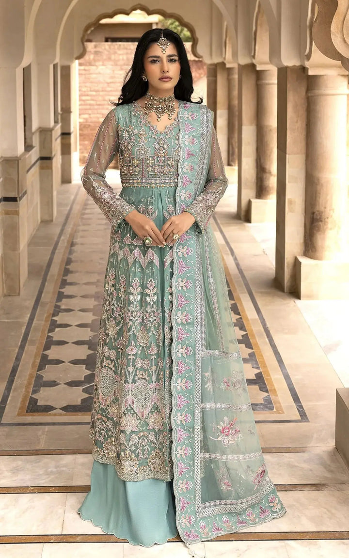 AR-114-1300 Maxi - Pakistani Women Luxury | Handwork, Embroidery in mint green with intricate adda and sequin detailing, paired with sharara and dupatta.