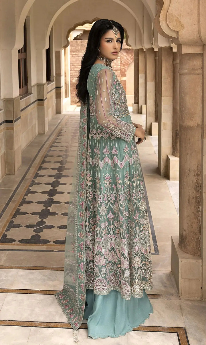 Back view of AR-114-1300 Maxi - Pakistani Women Luxury | Handwork, Embroidery showcasing detailed net work and floral embellishments on dupatta and maxi.