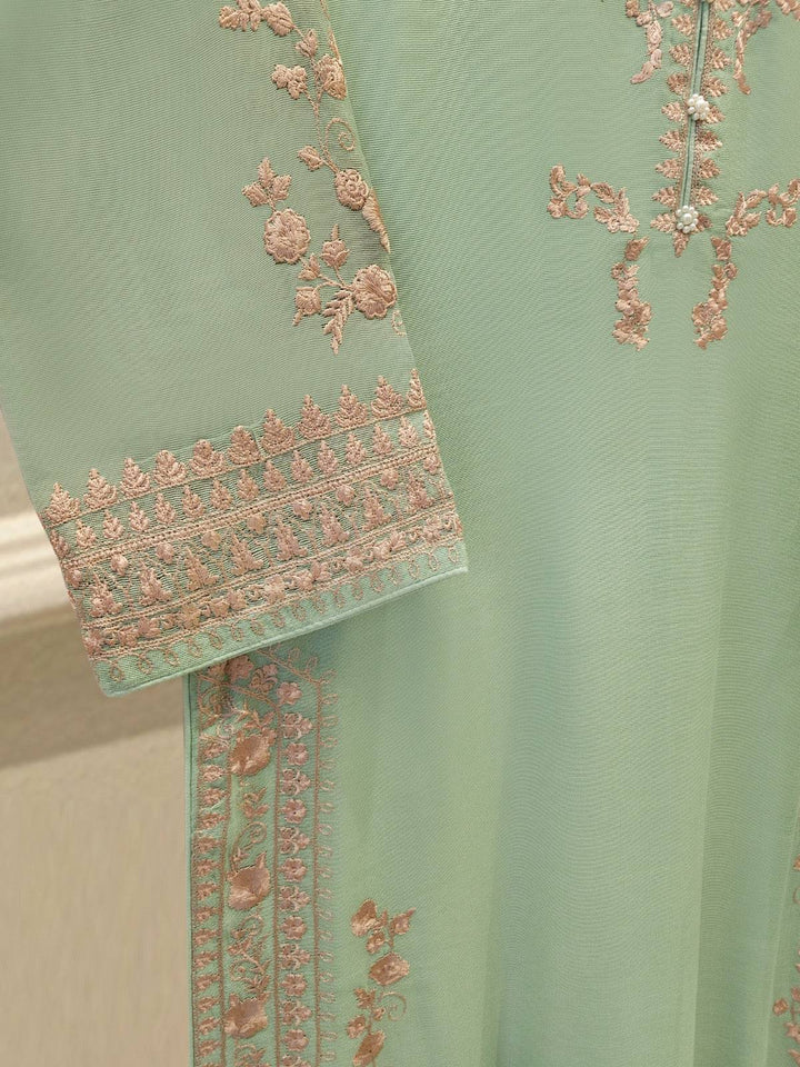 Sleeve embroidery of AGHA NOOR 2 Piece Suit with intricate pink floral patterns on cotton net, adding elegance to the design.