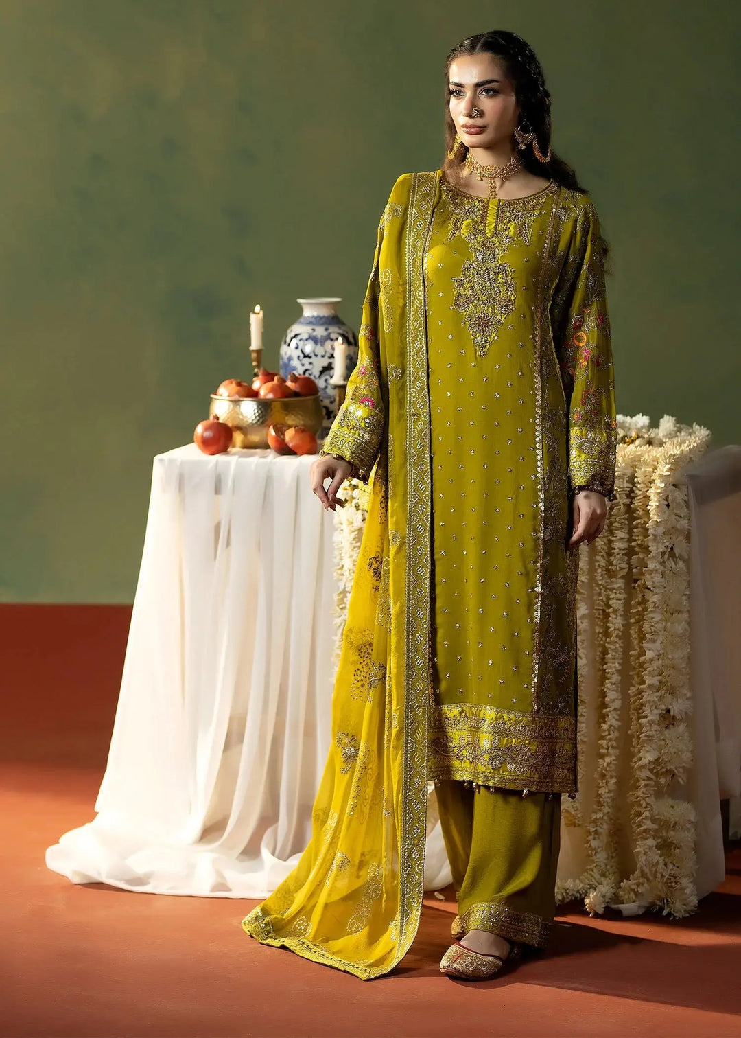 RANGREZA OLIVE | M-908-13 embroidered chiffon shirt with adda work, silk border, and matching dupatta and trouser in olive green for festive wear.