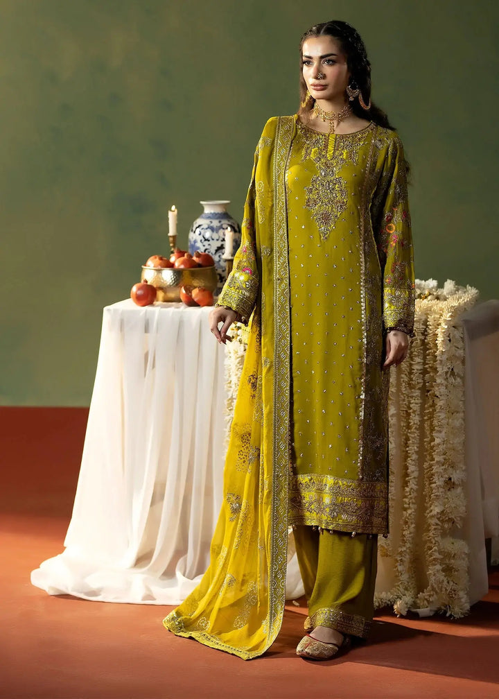 RANGREZA OLIVE | M-908-13 embroidered chiffon shirt with adda work, silk border, and matching dupatta and trouser in olive green for festive wear.