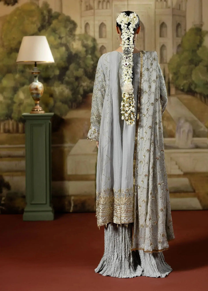 Back view of RANGREZA GRAY Pakistani dress showing embellished dupatta with gold detailing and crushed silk trousers in elegant design.