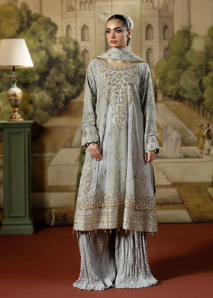 RANGREZA GRAY Pakistani wedding dress with embroidered chiffon frock, gold adda work, and raw silk crushed trouser in full front view.