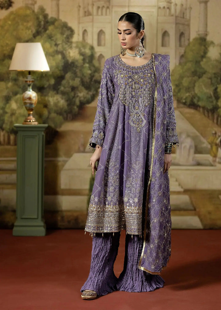 RANGREZA PURPLE - pakistani party dress in embroidered chiffon with gold detailing, featuring a long shirt, crinkled bottoms, and dupatta.