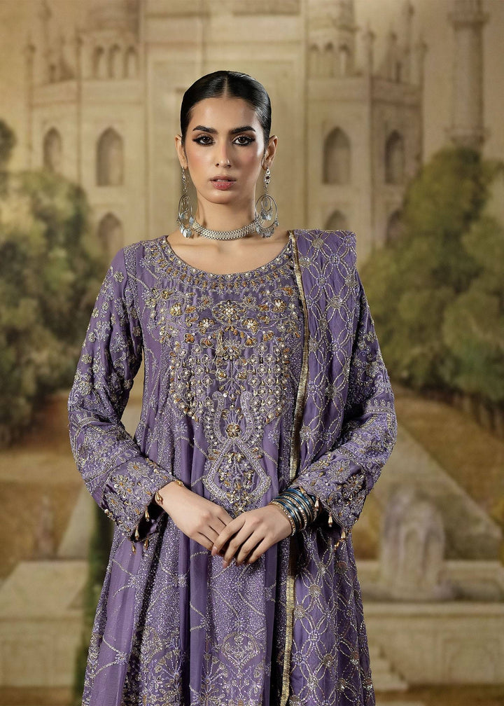 Close-up of RANGREZA PURPLE Pakistani party dress showcasing detailed embroidery on chiffon fabric with elegant neckline and sleeve embellishments.