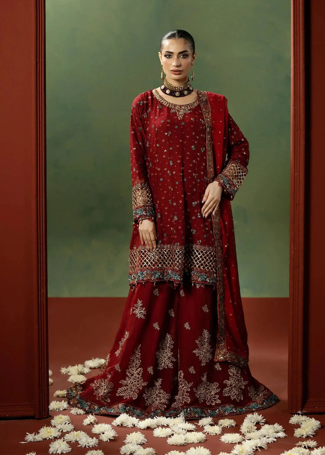 RANGREZA RED - red colour dresses pakistani featuring embroidered peplum frock, dupatta, and sharara in festive Bangladeshi fashion style.