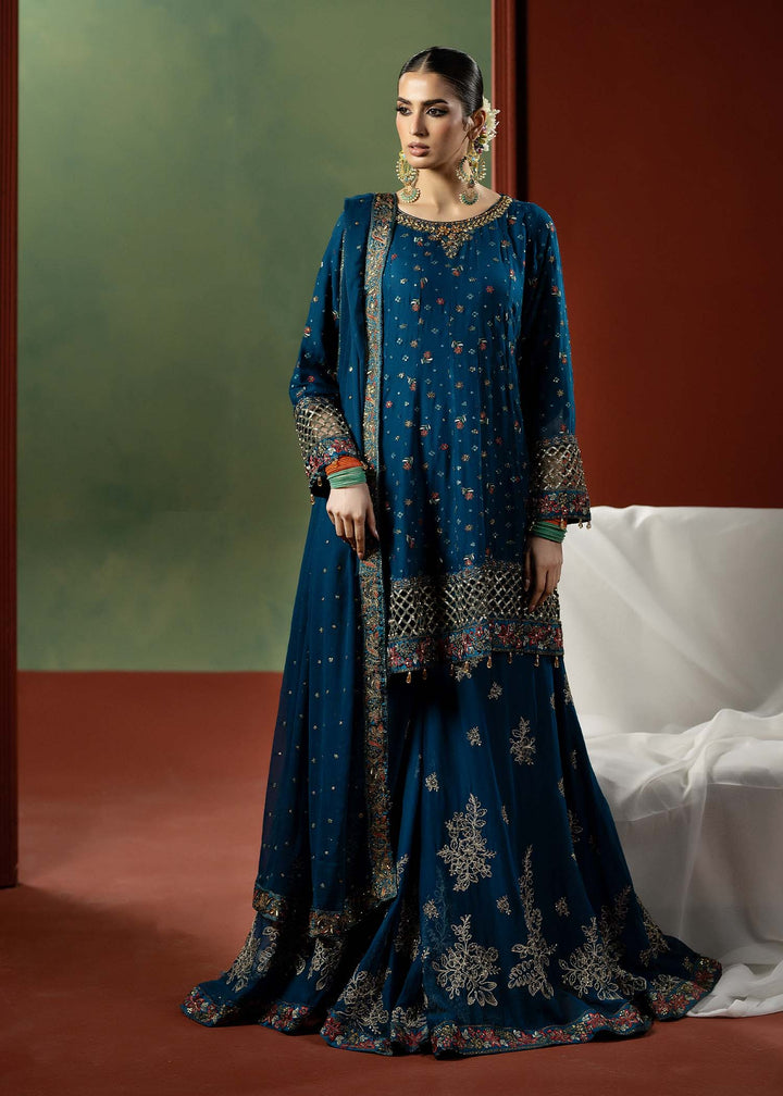 RANGREZA BLUE | M-909-16 embroidered Pakistani peplum frock with dupatta and bottom in midnight blue, ideal for festive Indian fashion wear.