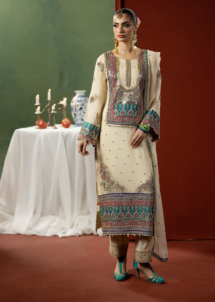 RANGREZA OFF White wedding dress Pakistani M-901-13 features embroidered chiffon shirt, silk bottom, and dupatta in elegant bridal style.