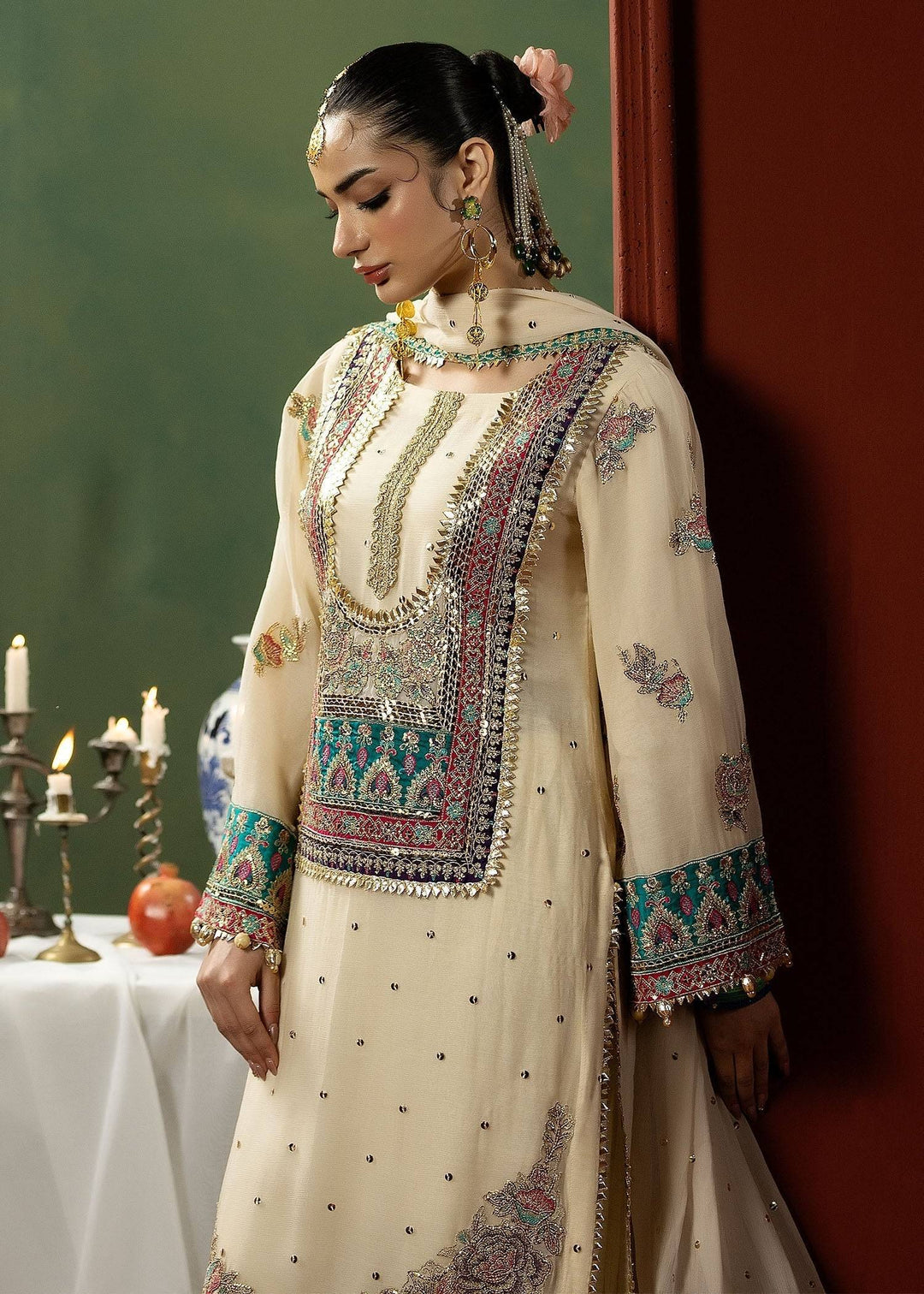 Close-up of RANGREZA OFF White embroidered chiffon shirt with intricate neckline and sleeve detailing, ideal for Pakistani bridal wear.
