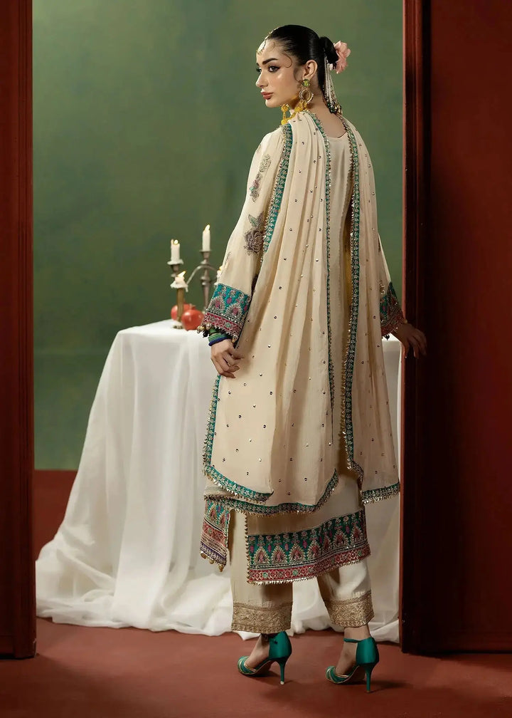Back view of RANGREZA OFF White wedding dress Pakistani M-901-13 showing embroidered chiffon dupatta and silk trousers with ornate borders.