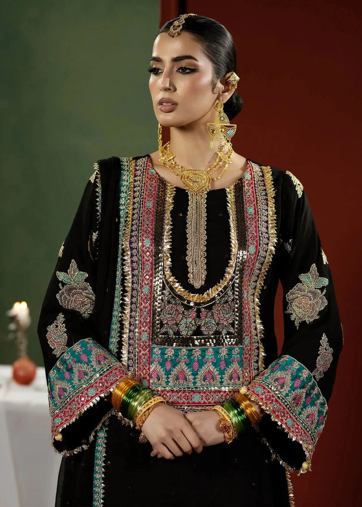 Detailed front view of RANGREZA BLACK M-901-13 with rich embroidery and vibrant accents, a standout choice for Pakistani wedding guest outfits.