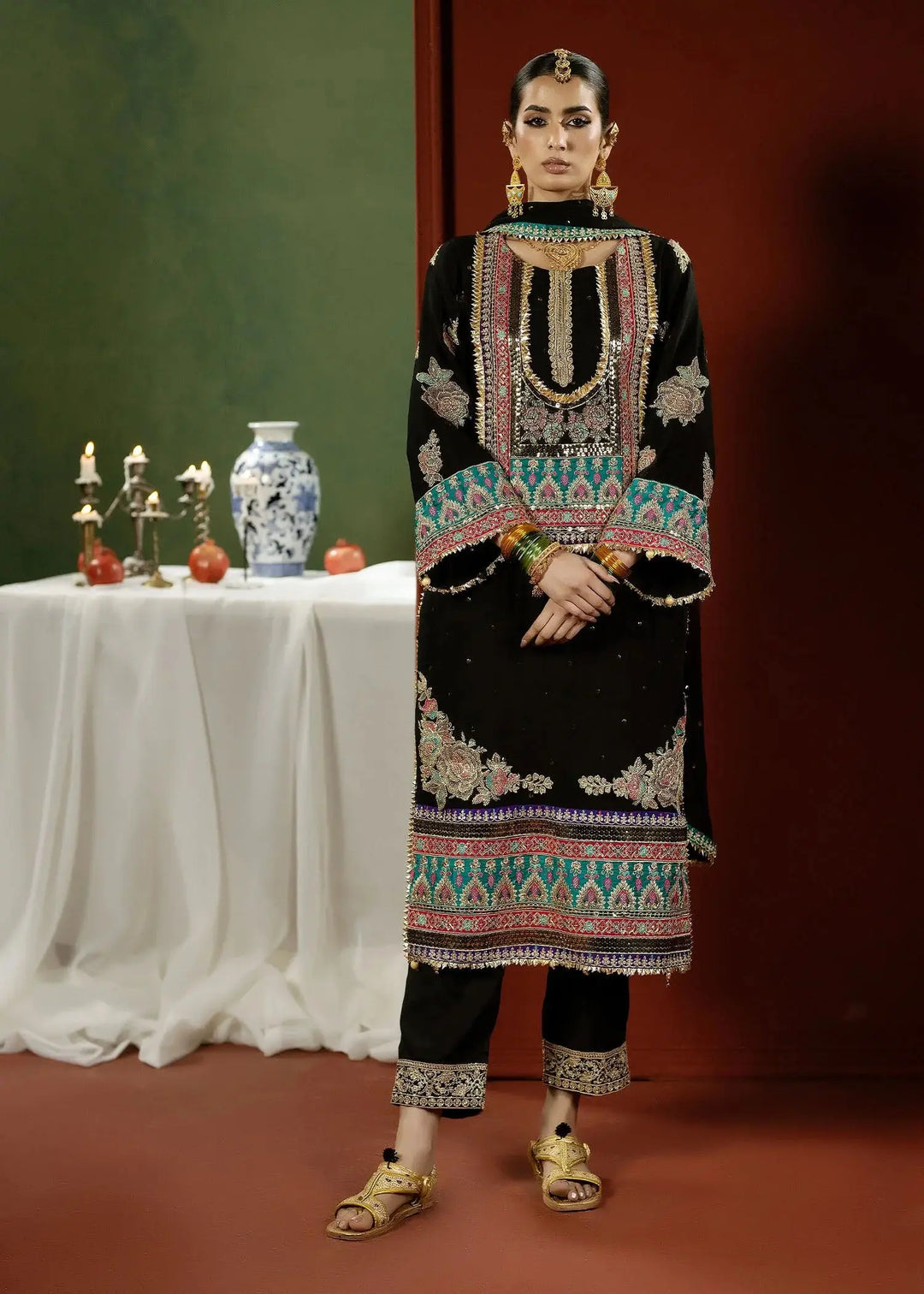 RANGREZA BLACK M-901-13 embroidered chiffon shirt, bottom, and dupatta set for Pakistani wedding guest dresses in black with colorful detailing.