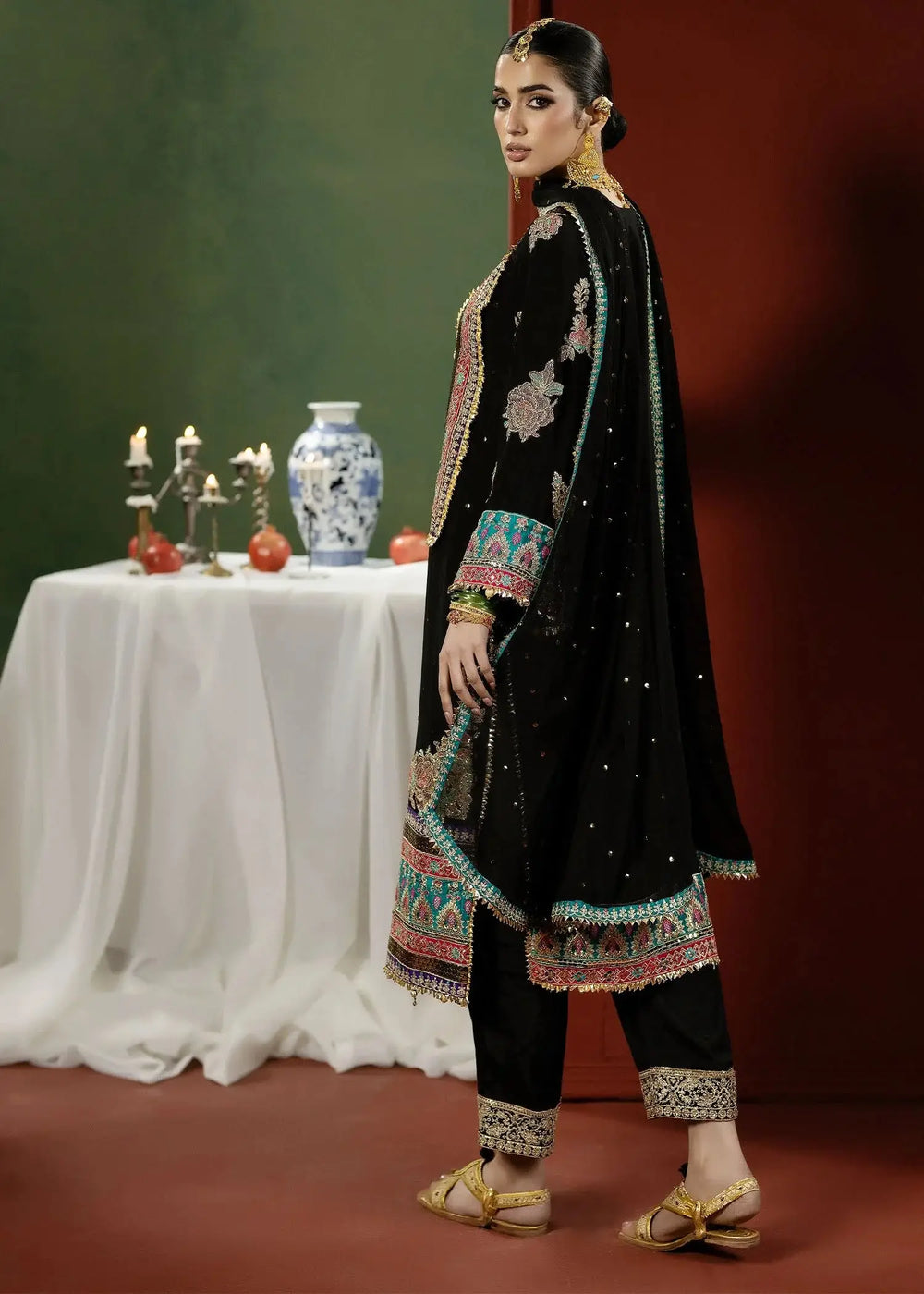 Back view of RANGREZA BLACK M-901-13 showcasing embroidered chiffon dupatta and intricate detailing, ideal for Pakistani wedding guest attire.