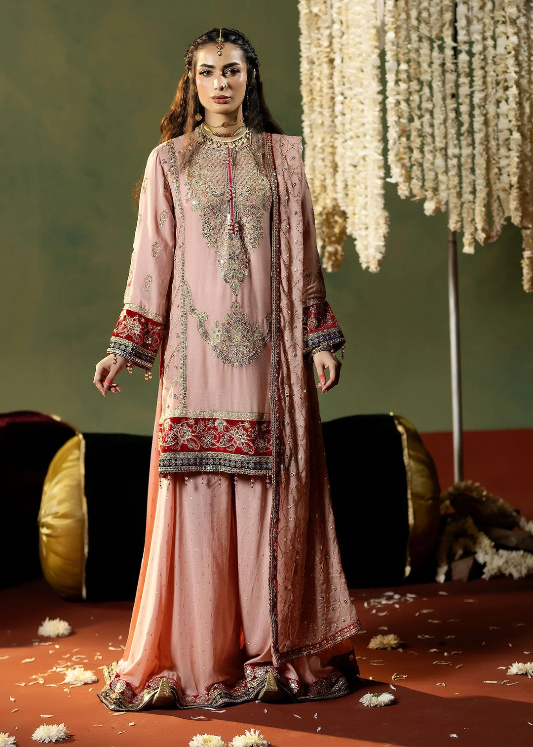 RANGREZA PINK embroidered chiffon shirt and dupatta set with velvet accents, ideal for Indian and Bangladeshi festive wear.