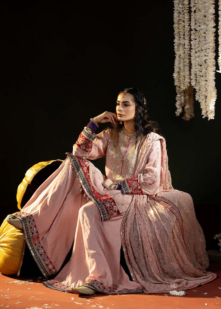 Model seated in RANGREZA PINK chiffon shirt and dupatta ensemble, featuring velvet borders and festive embroidery for South Asian fashion.