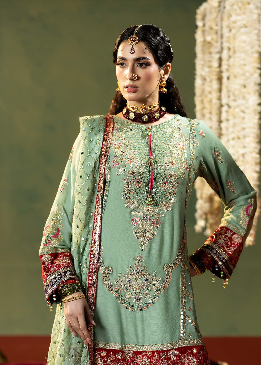 Close-up of RANGREZA PISTACHIO M-913-13 formal wear dress highlighting intricate embroidery on chiffon shirt with velvet accents and detailed neckline.