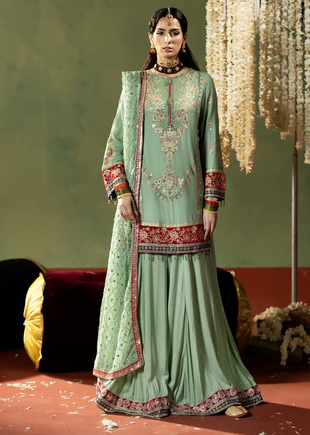 RANGREZA PISTACHIO Formal Wear Pakistani Dresses set M-913-13 with embroidered chiffon shirt, velvet borders, and matching dupatta and bottom.
