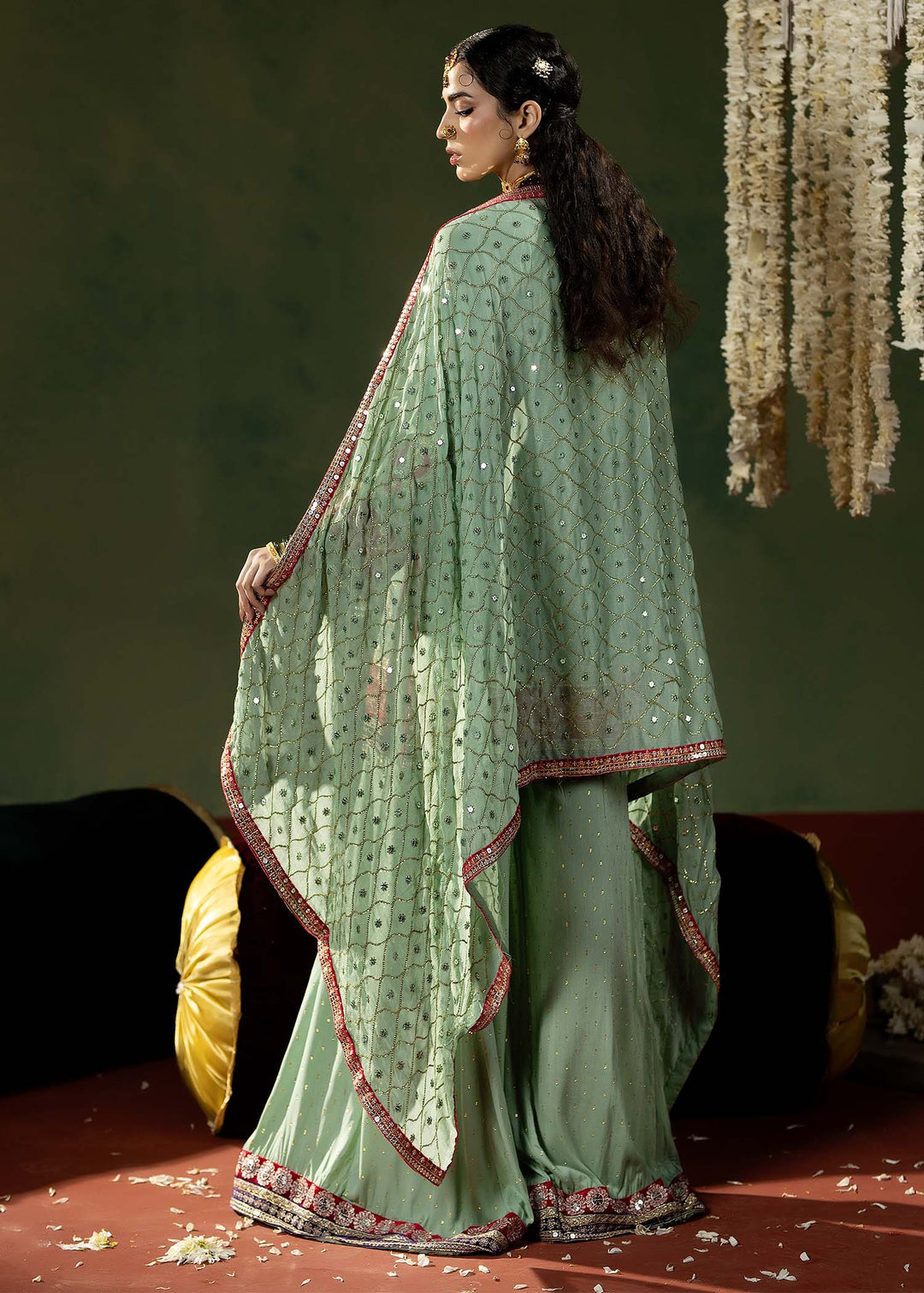 Back view of RANGREZA PISTACHIO M-913-13 showcasing embroidered chiffon dupatta with mirror work and scalloped velvet trim in formal Pakistani dress.