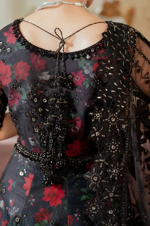 Back neckline close-up of Rangreza AL-4199 frock with tie-up detail and floral embroidery on sheer net for traditional wear.